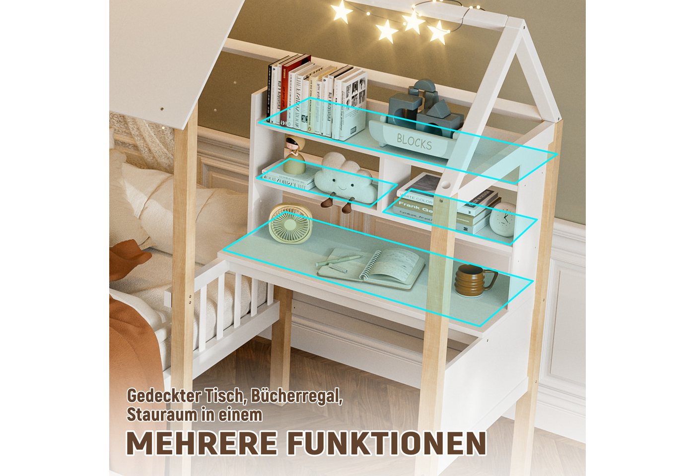 LVHOM Hausbett 90x200,Schreibtisch,Schubladen mit Rollen,Rausfallschutz & Lattenrost (Spar-Set, L-förmig, Schreibtisch, Bücherregal, 1 Schubladen, Naturholz), M – Bild 5 von 5