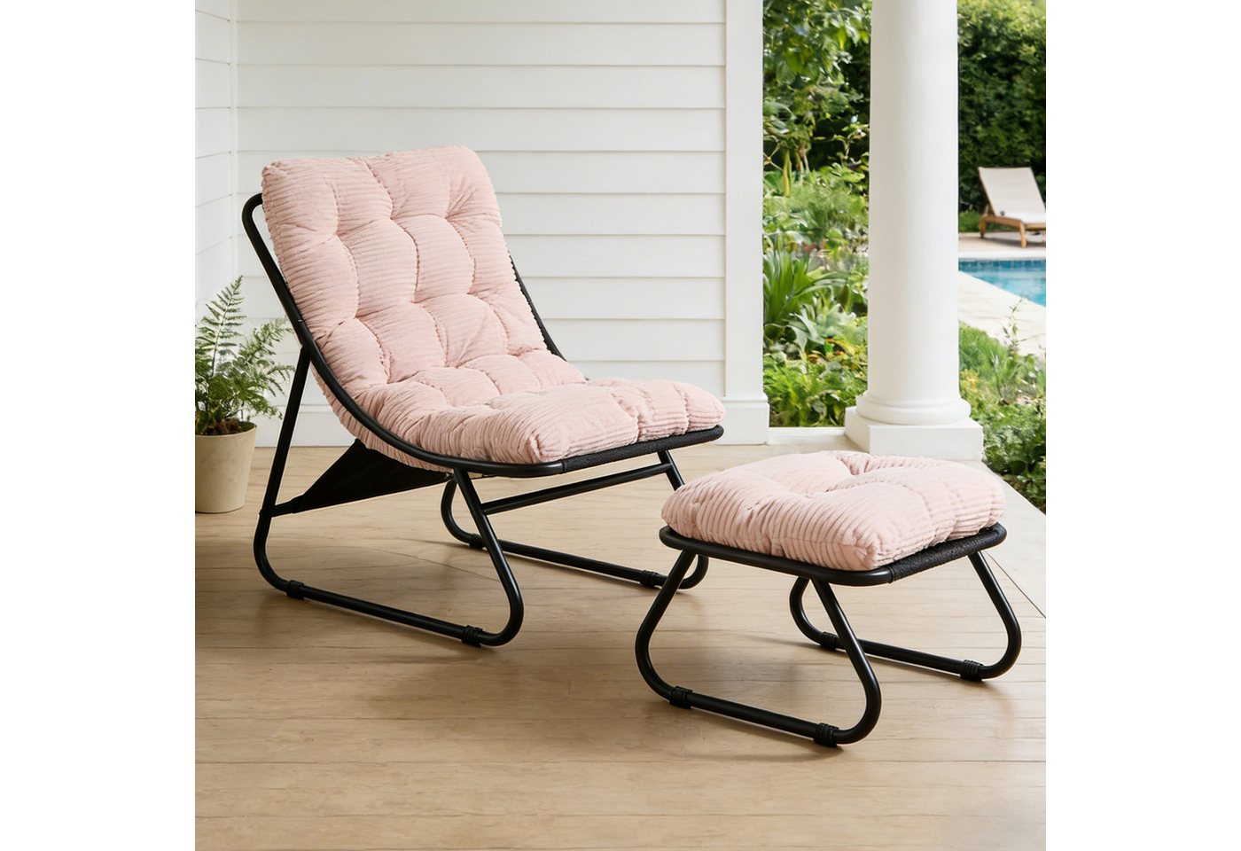 LVHOM Loungesessel mit Hocker, wasserdichtem Stahlrahmen, ergonomisch, für In-/Outdoor (Relaxsessel, bequeme Sitzfläche, Hocker als temporärer Sitz/Schuhwechsel – Bild 2 von 5