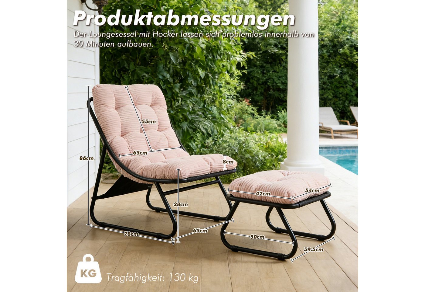 LVHOM Loungesessel mit Hocker, wasserdichtem Stahlrahmen, ergonomisch, für In-/Outdoor (Relaxsessel, bequeme Sitzfläche, Hocker als temporärer Sitz/Schuhwechsel – Bild 3 von 5
