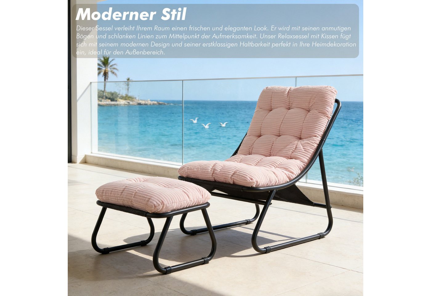 LVHOM Loungesessel mit Hocker, wasserdichtem Stahlrahmen, ergonomisch, für In-/Outdoor (Relaxsessel, bequeme Sitzfläche, Hocker als temporärer Sitz/Schuhwechsel – Bild 4 von 5