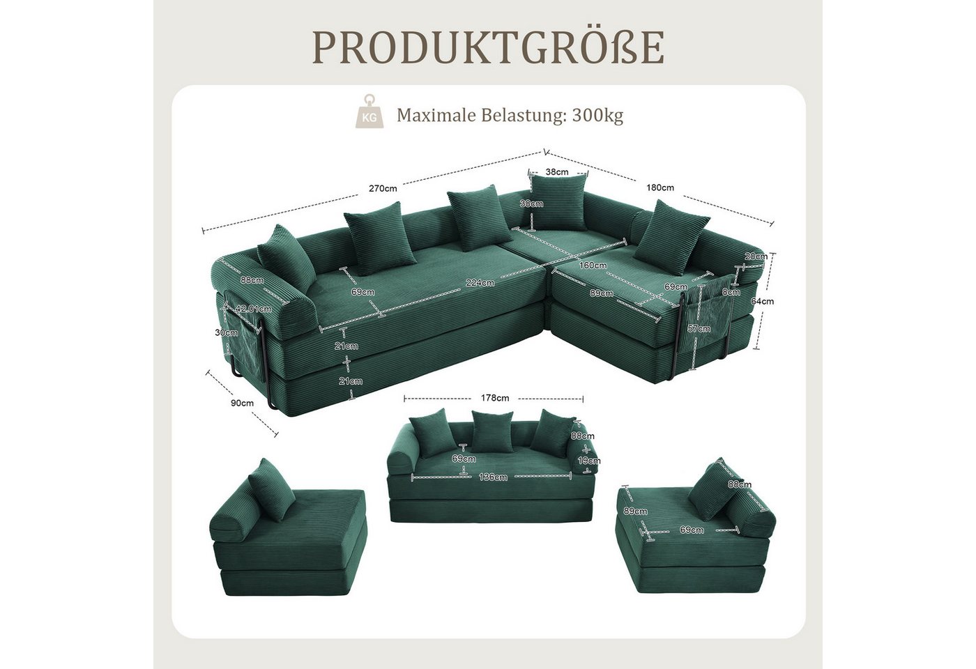 LVHOM Loungesofa Modulsofa mit Schlaffunktion, Seitentaschen, U-/L-Sofa, Fünfsitzer, 2xEinzelsessel + 1xDreisitzer, kombinierbar, Schlafsofa(Jedes Modul entfalt – Bild 3 von 5