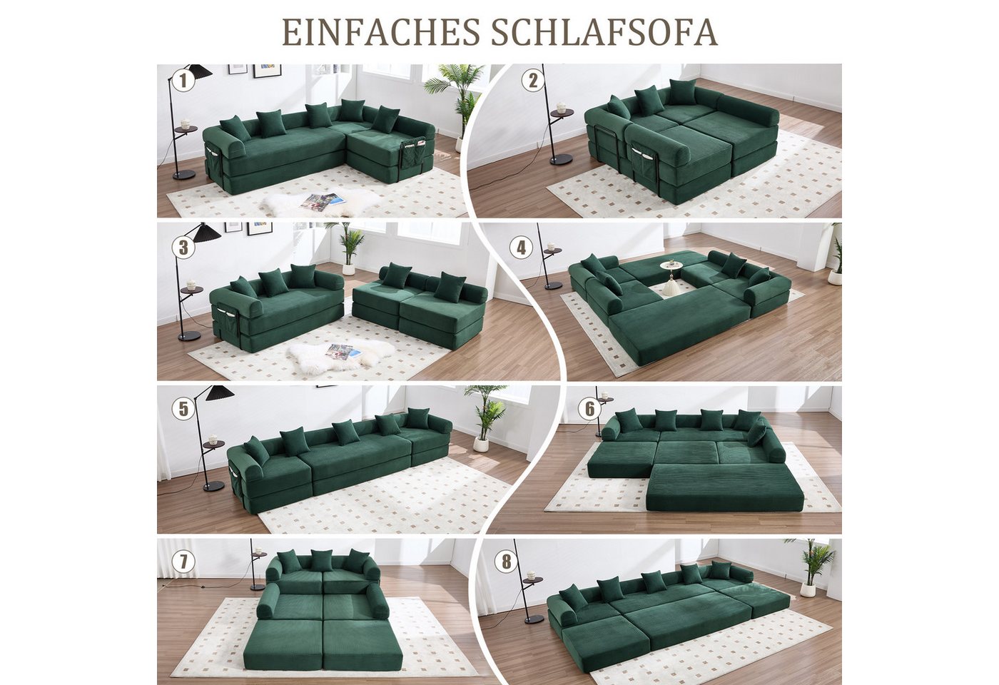 LVHOM Loungesofa Modulsofa mit Schlaffunktion, Seitentaschen, U-/L-Sofa, Fünfsitzer, 2xEinzelsessel + 1xDreisitzer, kombinierbar, Schlafsofa(Jedes Modul entfalt – Bild 4 von 5