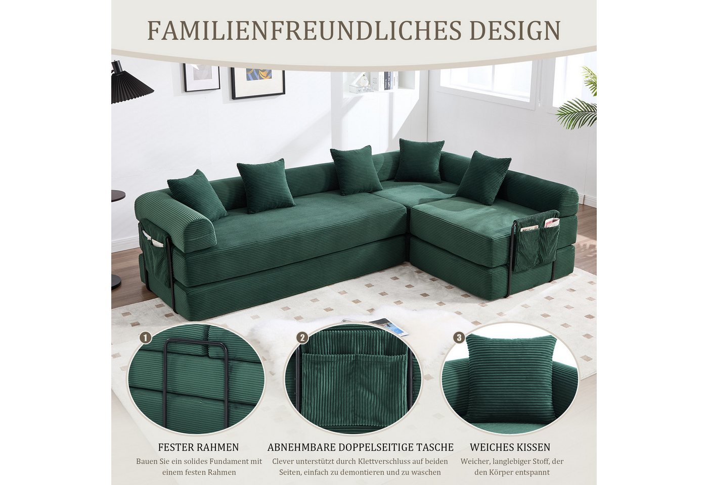 LVHOM Loungesofa Modulsofa mit Schlaffunktion, Seitentaschen, U-/L-Sofa, Fünfsitzer, 2xEinzelsessel + 1xDreisitzer, kombinierbar, Schlafsofa(Jedes Modul entfalt – Bild 5 von 5