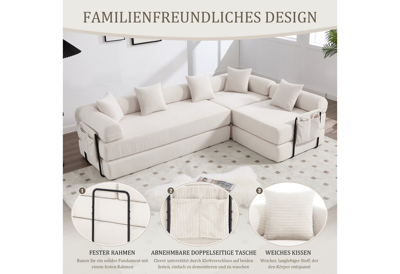LVHOM Loungesofa Modulsofa mit Schlaffunktion, Seitentaschen, U-/L-Sofa, Fünfsitzer, 2xEinzelsessel + 1xDreisitzer, kombinierbar, Schlafsofa(Jedes Modul entfalt – Bild 5 von 5