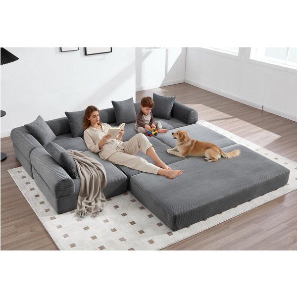 LVHOM Loungesofa Modulsofa mit Schlaffunktion, Seitentaschen, U-/L-Sofa, Fünfsitzer, 2xEinzelsessel + 1xDreisitzer, kombinierbar, Schlafsofa(Jedes Modul entfalt