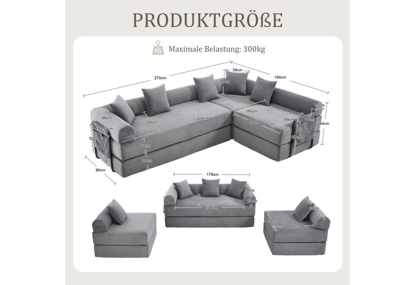 LVHOM Loungesofa Modulsofa mit Schlaffunktion, Seitentaschen, U-/L-Sofa, Fünfsitzer, 2xEinzelsessel + 1xDreisitzer, kombinierbar, Schlafsofa(Jedes Modul entfalt – Bild 3 von 5