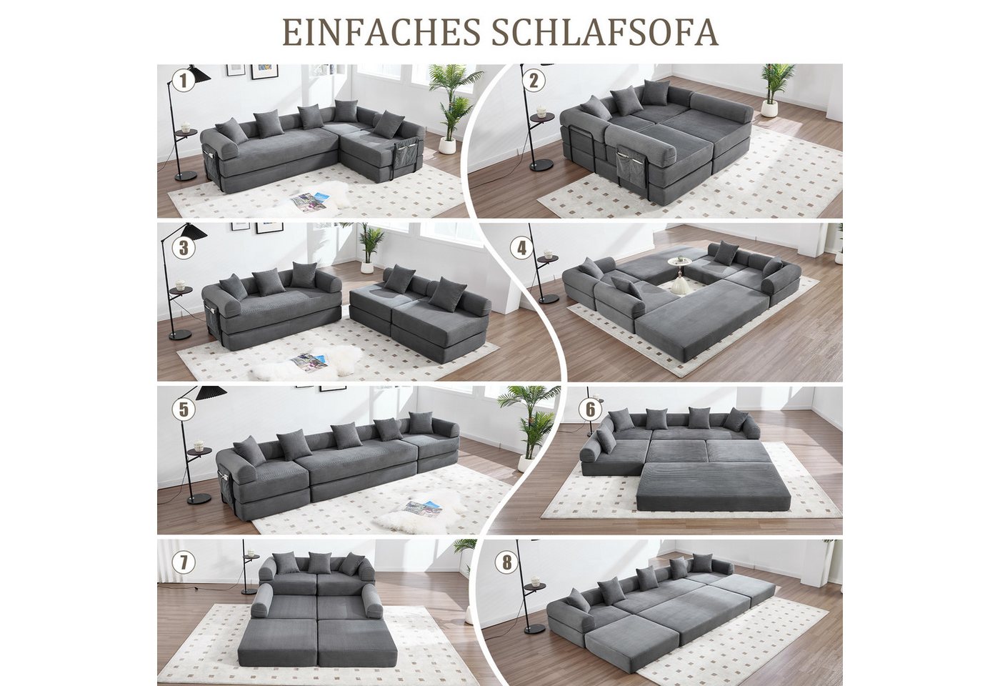 LVHOM Loungesofa Modulsofa mit Schlaffunktion, Seitentaschen, U-/L-Sofa, Fünfsitzer, 2xEinzelsessel + 1xDreisitzer, kombinierbar, Schlafsofa(Jedes Modul entfalt – Bild 4 von 5