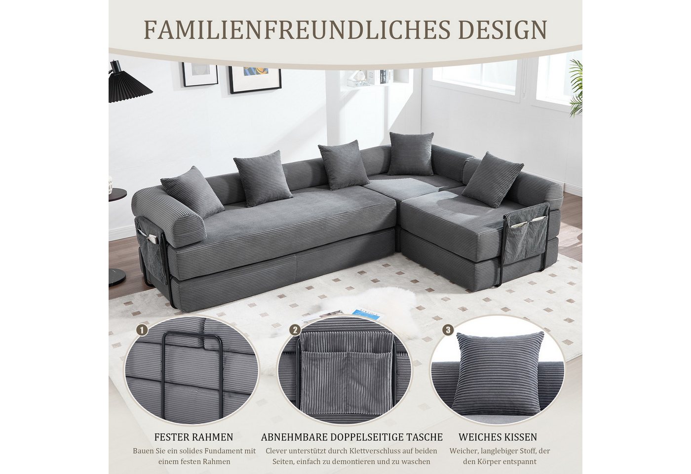 LVHOM Loungesofa Modulsofa mit Schlaffunktion, Seitentaschen, U-/L-Sofa, Fünfsitzer, 2xEinzelsessel + 1xDreisitzer, kombinierbar, Schlafsofa(Jedes Modul entfalt – Bild 5 von 5