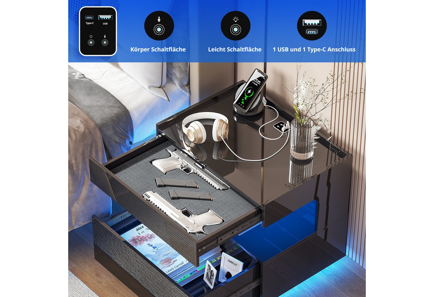 LVSOMT Nachttisch LED Nachttisch mit Ladestation, 2 Schubladen, 3 Farben Licht (1-St), 55x40x50cm, schwarz – Bild 3 von 5