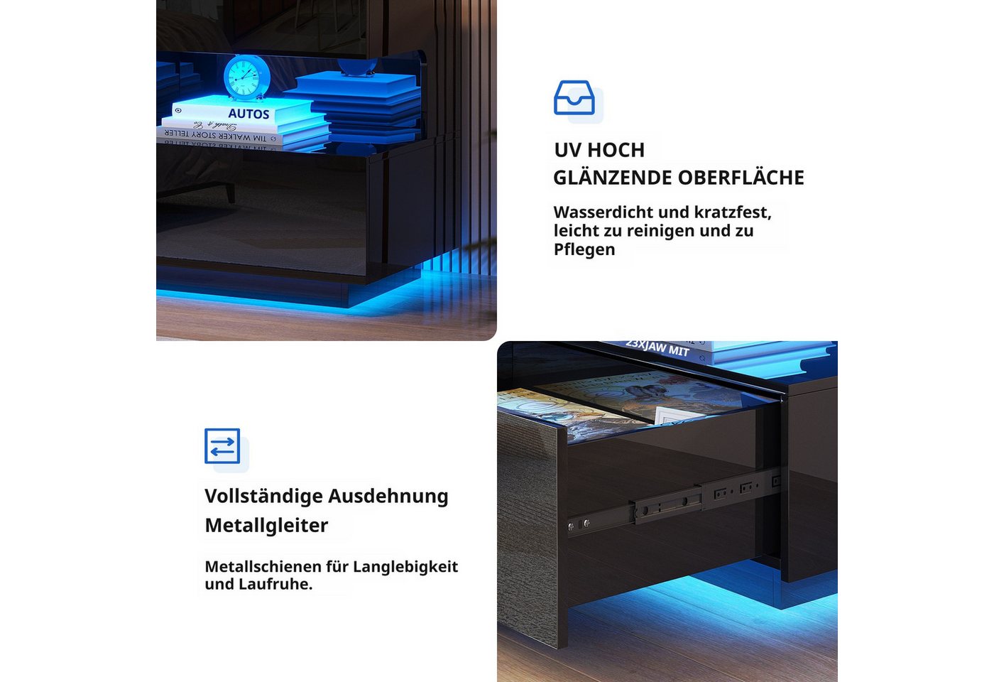 LVSOMT Nachttisch LED Nachttisch mit Ladestation, 2 Schubladen, 3 Farben Licht (1-St), 55x40x50cm, schwarz – Bild 4 von 5