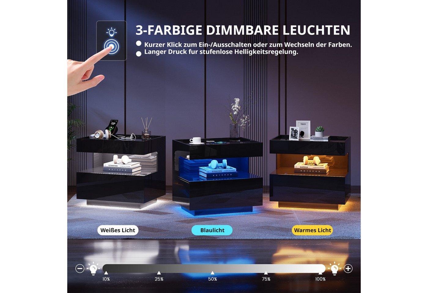 LVSOMT Nachttisch LED Nachttisch mit Ladestation, 2 Schubladen, 3 Farben Licht (1-St), 55x40x50cm, schwarz – Bild 5 von 5