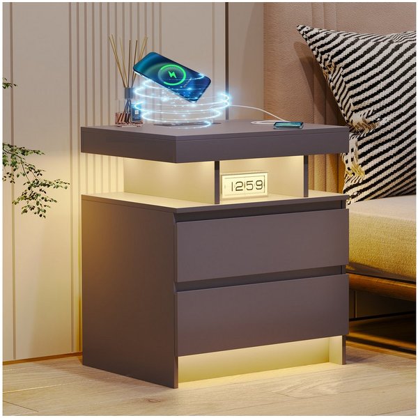 LVSOMT Nachttisch LED Nachttisch mit Ladestation, 3 Farben Licht und Steckdose, mit 2 Schubladen, aus hochwertigen MDF-Platten und leisen Schienen