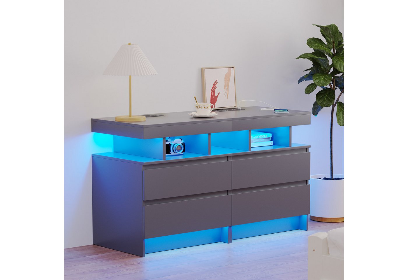 LVSOMT Nachttisch LED Nachttisch mit Ladestation, 3 Farben Licht und Steckdose, mit 2 Schubladen, aus hochwertigen MDF-Platten und leisen Schienen – Bild 2 von 5