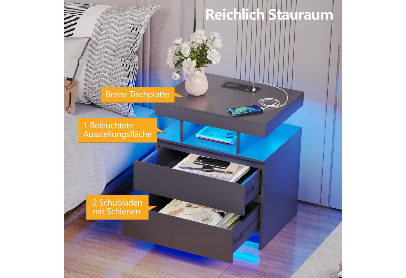 LVSOMT Nachttisch LED Nachttisch mit Ladestation, 3 Farben Licht und Steckdose, mit 2 Schubladen, aus hochwertigen MDF-Platten und leisen Schienen – Bild 3 von 5