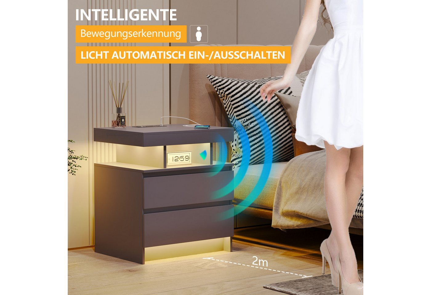 LVSOMT Nachttisch LED Nachttisch mit Ladestation, 3 Farben Licht und Steckdose, mit 2 Schubladen, aus hochwertigen MDF-Platten und leisen Schienen – Bild 4 von 5