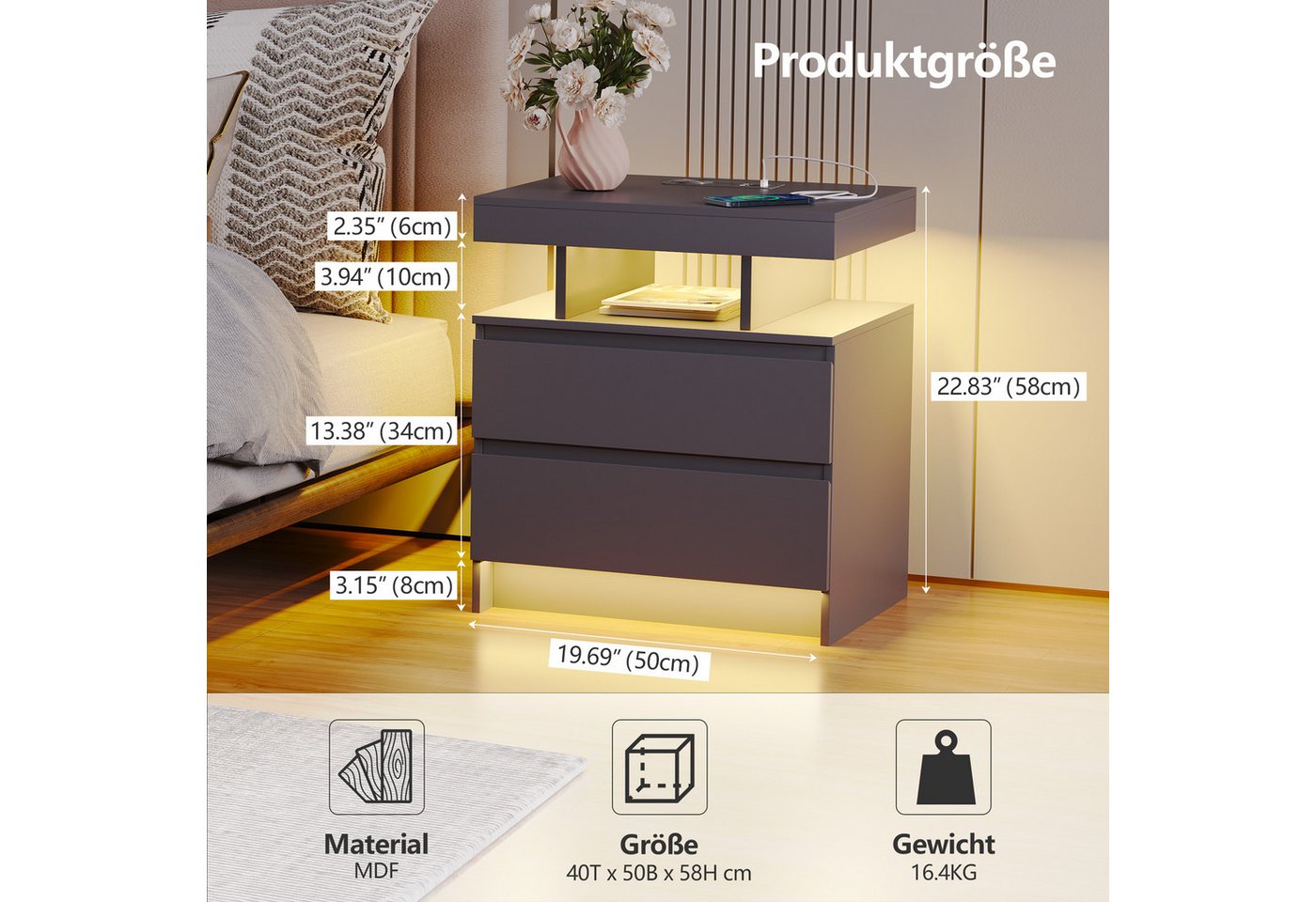 LVSOMT Nachttisch LED Nachttisch mit Ladestation, 3 Farben Licht und Steckdose, mit 2 Schubladen, aus hochwertigen MDF-Platten und leisen Schienen – Bild 5 von 5