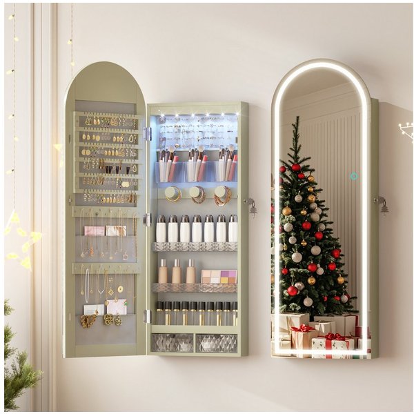 LVSOMT Schmuckschrank mit 3 Farben Licht, aus MDF, explosionssicherem Glas und Samt (1-St) mit Make-up-Spiegel, 108×40cm, grün