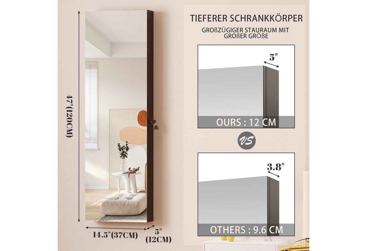 LVSOMT Schmuckschrank mit Spiegel, Hängend und Abschließbar, Tür- und Wandspiegel mit 3 Farboptionen, Beleuchteter Schmuckspiegelschrank – Bild 2 von 5