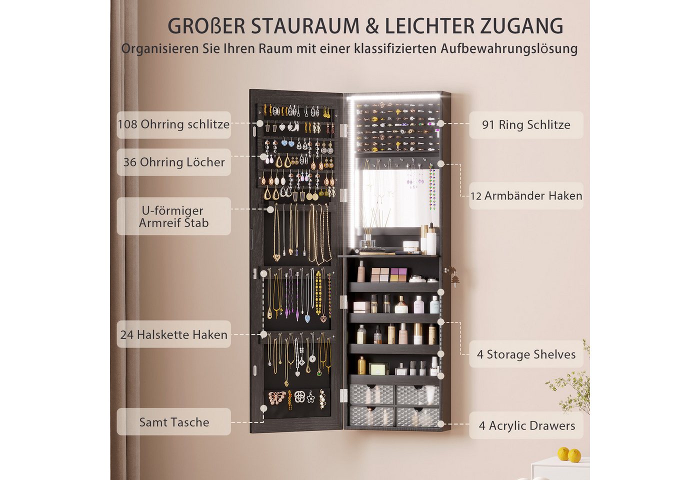 LVSOMT Schmuckschrank mit Spiegel, Hängend und Abschließbar, Tür- und Wandspiegel mit 3 Farboptionen, Beleuchteter Schmuckspiegelschrank – Bild 5 von 5