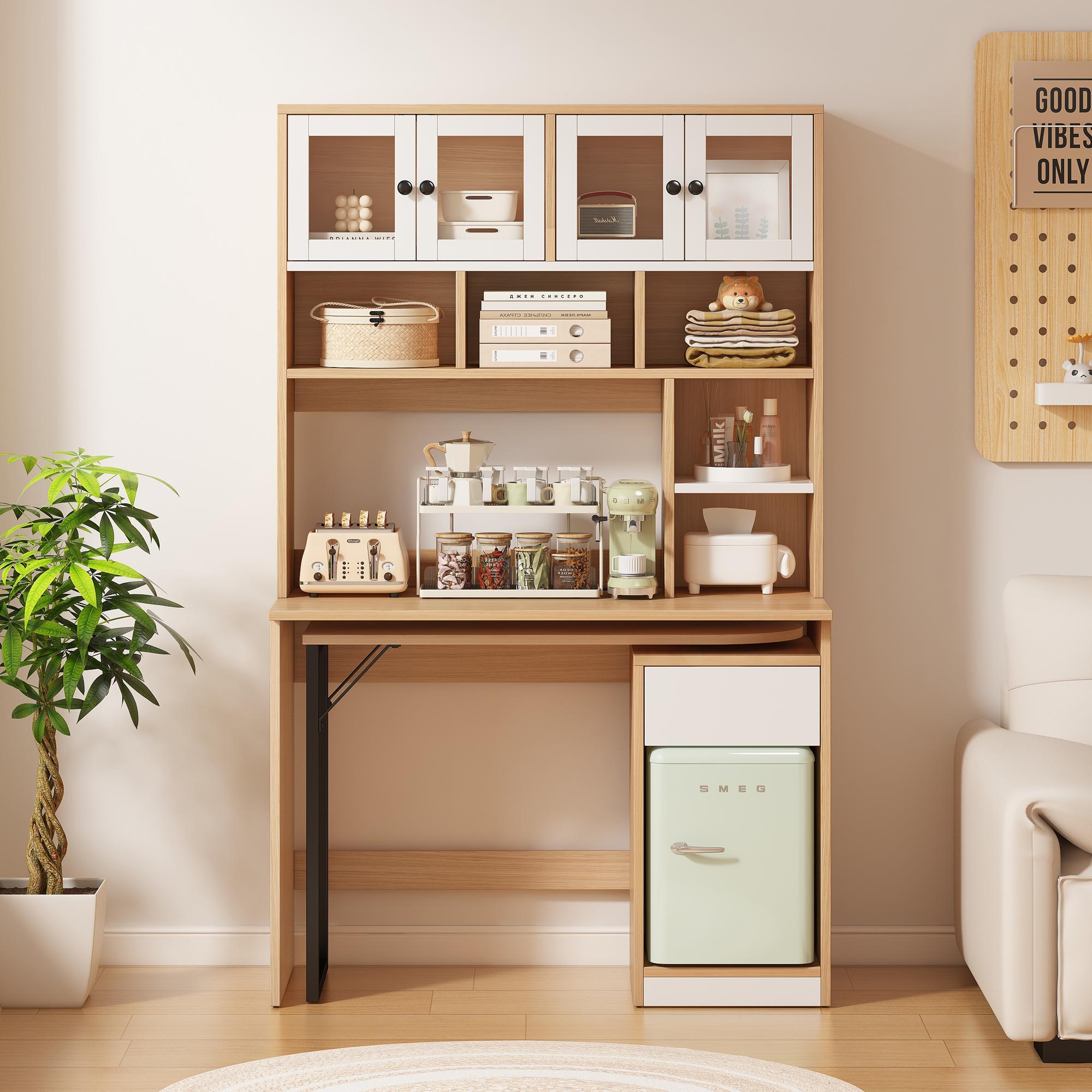 Computertisch drehbar compact mit Regal und Schrank 110x55cm Stauraum Naturfarbe+Weiß Aosom.de – Bild 2 von 2