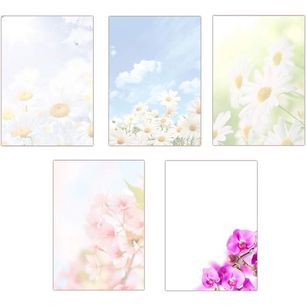 LYSCO Briefpapier Set Motivpapier Blumen Margeriten Kirschblüten Orchideen (MPA-5221), florales Flair für alle Drucker geeignet - Sets 5x5 oder 5x10 Blatt