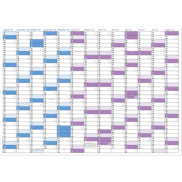 LYSCO Wandkalender Schuljahreskalender Schulkalender DIN B1 / DIN A1 - 2026/2027, Lehrerkalender Schulplaner, 13 Monate August 2026 bis August 2027, Querformat,