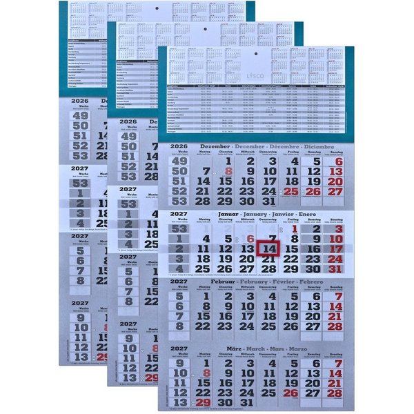 LYSCO Wandkalender Viermonatskalender 2027 - 4 Monatskalender Wandkalender, werbefrei, Feiertage und Ferien-dreisprachig-ENG,DE,AT, ES - Lieferung plano