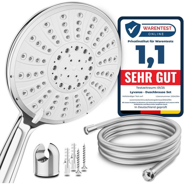 Lyvanas Duschbrause mit Schlauch und Halterung - Duschkopf für Dusche & Badewanne Ø15cm, Wellness Regendusche mit 5 Strahlarten