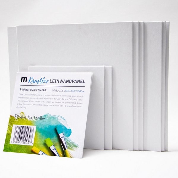 M MERCEO Leinwand Malkarton 28er Set, Weiße Leinwand zum Bemalen ohne Keilrahmen, 9er-Set Malkarton Malpappe (je 3 Stück 20x20cm, 30x30cm, 30x40cm)