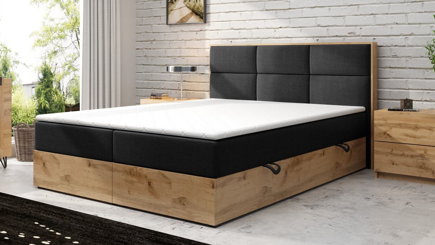 M-Punkt24 Boxspringbett Stockholm (Webstoff Anthrazit Schwarz, 180 x 200 cm), Eiche Holz, mit Bettkasten, mit Topper – Bild 2 von 5