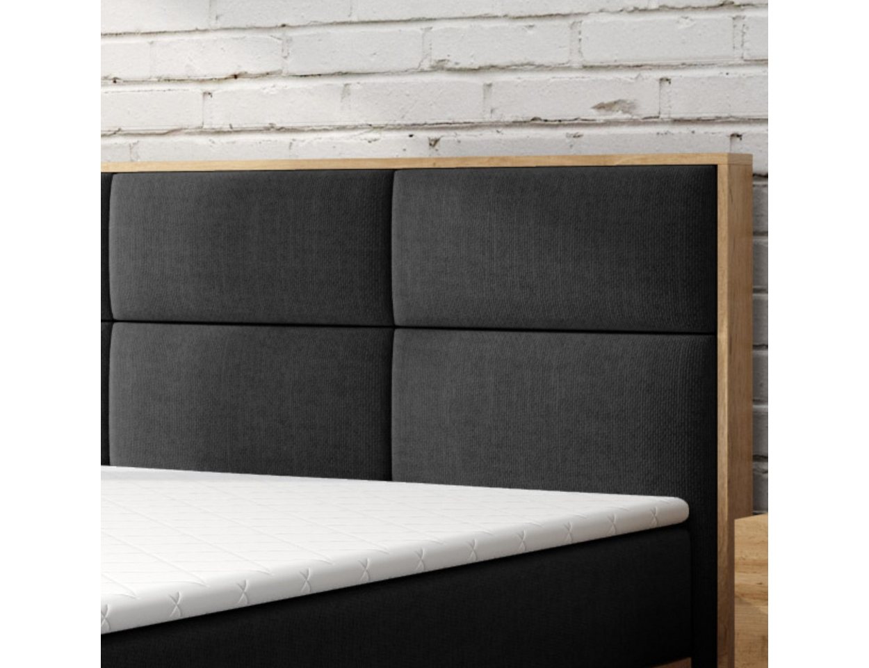 M-Punkt24 Boxspringbett Stockholm (Webstoff Anthrazit Schwarz, 180 x 200 cm), Eiche Holz, mit Bettkasten, mit Topper – Bild 3 von 5