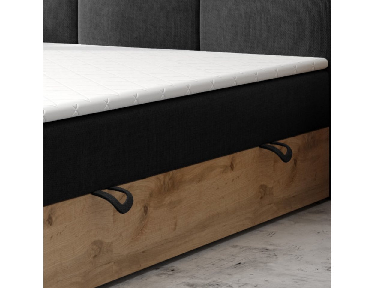 M-Punkt24 Boxspringbett Stockholm (Webstoff Anthrazit Schwarz, 180 x 200 cm), Eiche Holz, mit Bettkasten, mit Topper – Bild 4 von 5