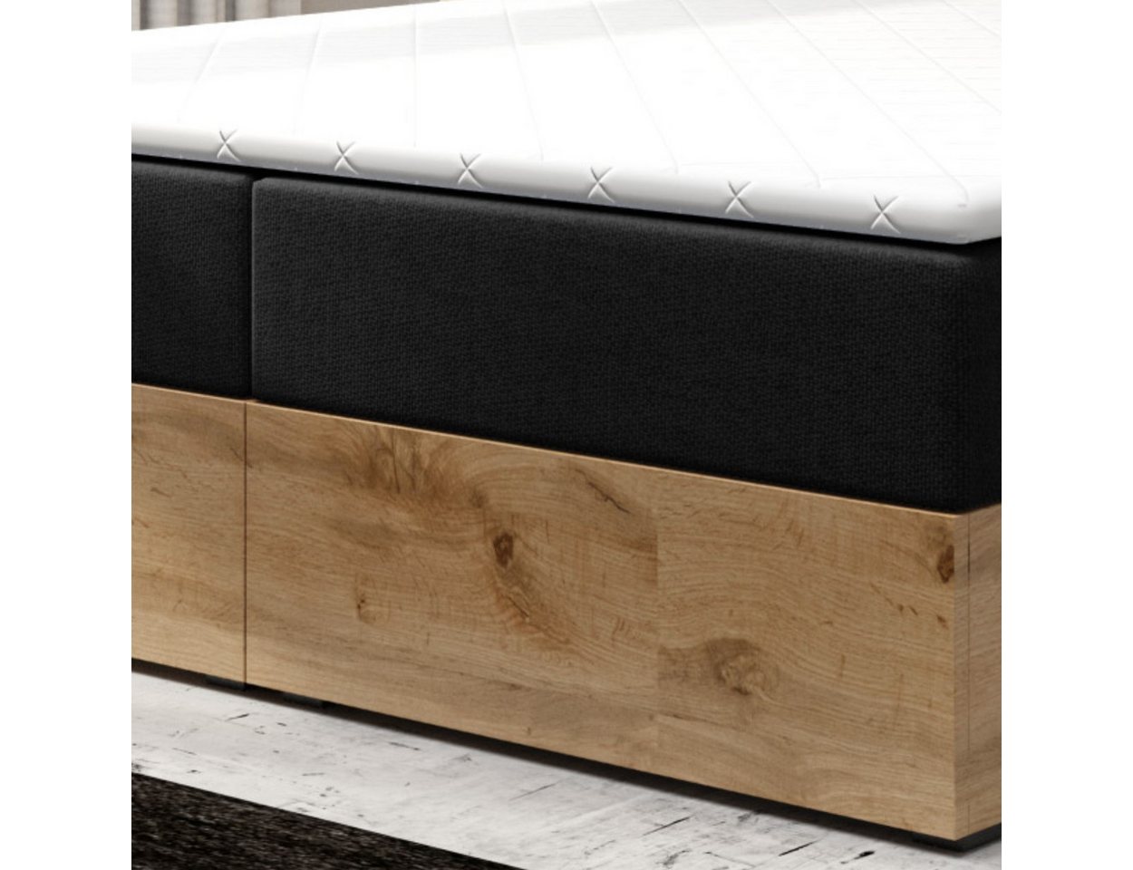 M-Punkt24 Boxspringbett Stockholm (Webstoff Anthrazit Schwarz, 180 x 200 cm), Eiche Holz, mit Bettkasten, mit Topper – Bild 5 von 5