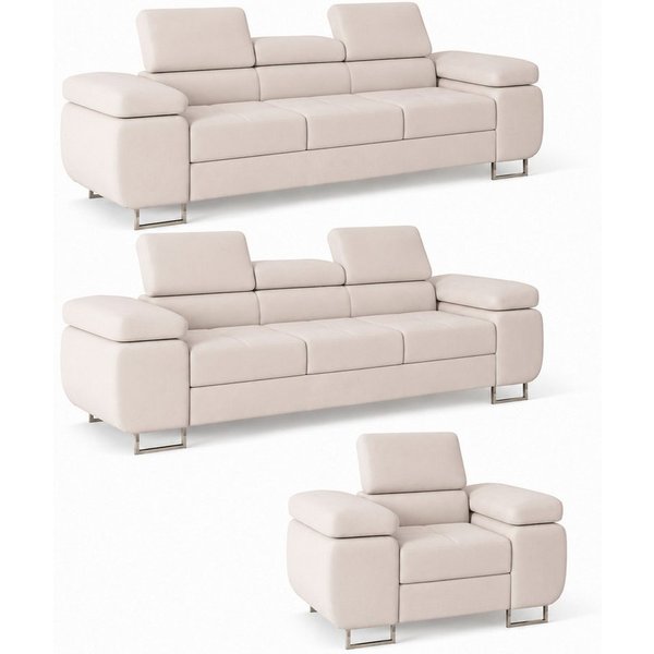 M-Punkt24 Polstergarnitur Miami, (SET 3-3-1, Samtstoff Creme), mit Bettfunktion und verstellbare Kopfstützen
