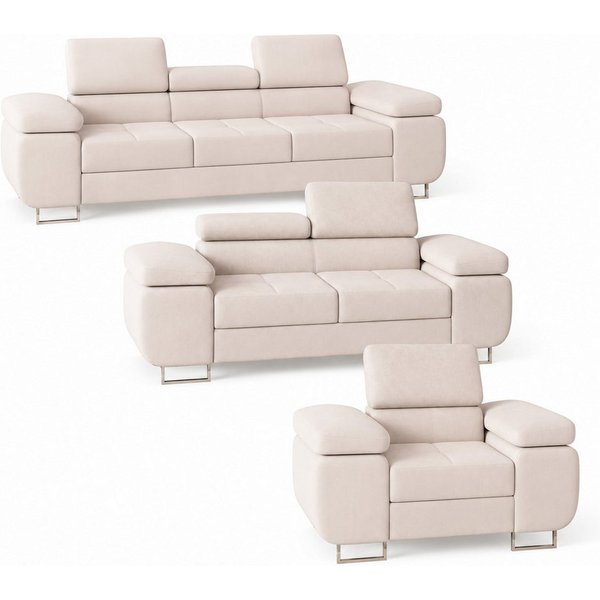 M-Punkt24 Polstergarnitur Miami, (SET 3-2-1, Samtstoff Creme), mit Bettfunktion und verstellbare Kopfstützen