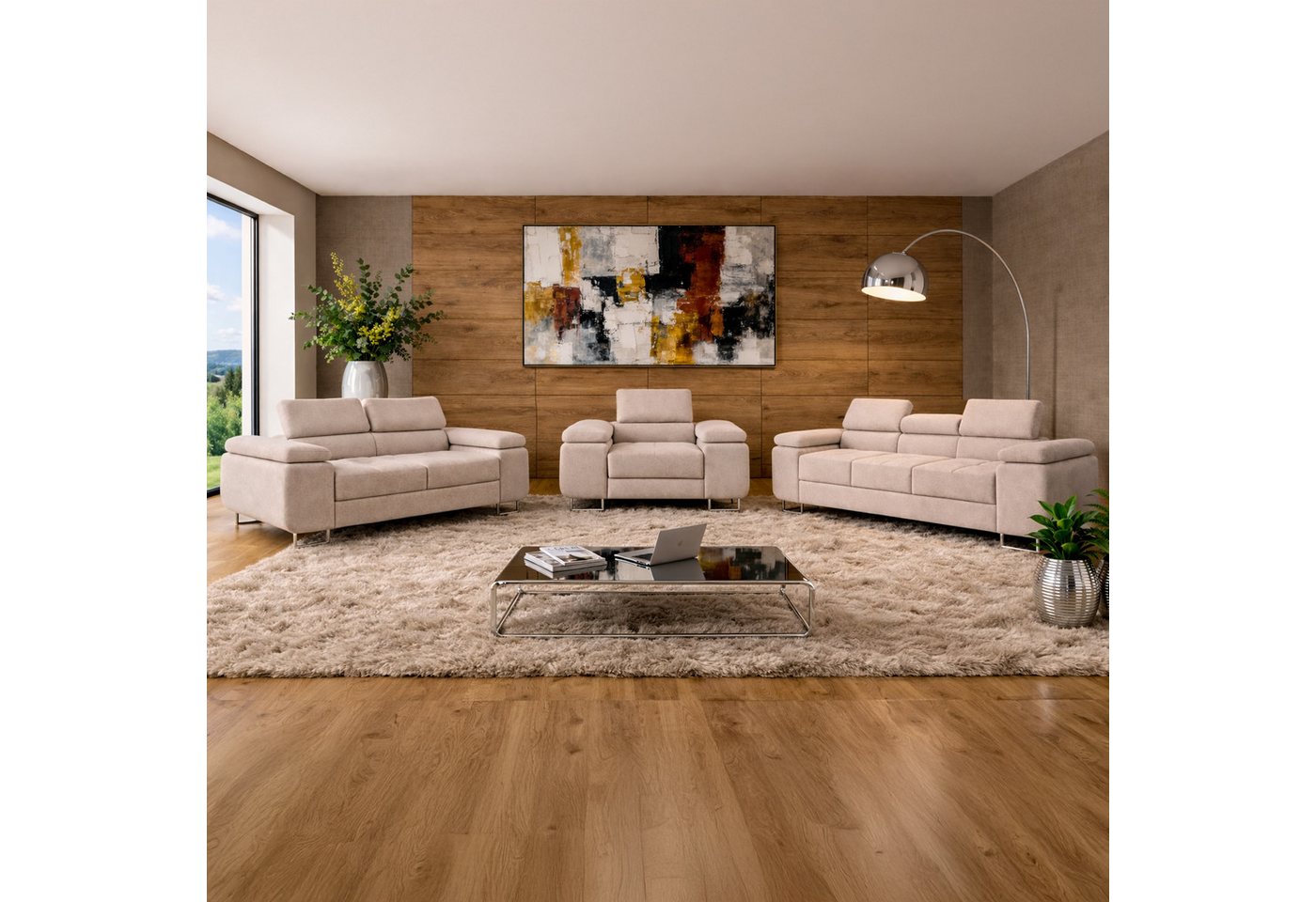 M-Punkt24 Polstergarnitur Sofa Wohnlandschaft DUBAI, (3-2-1, mit Bettfunktion, XL Sofa-Set, Bigsofa, Samt, Creme), Bestehend aus 3-Sitzer mit Bettfunktion, 2-Si – Bild 3 von 5