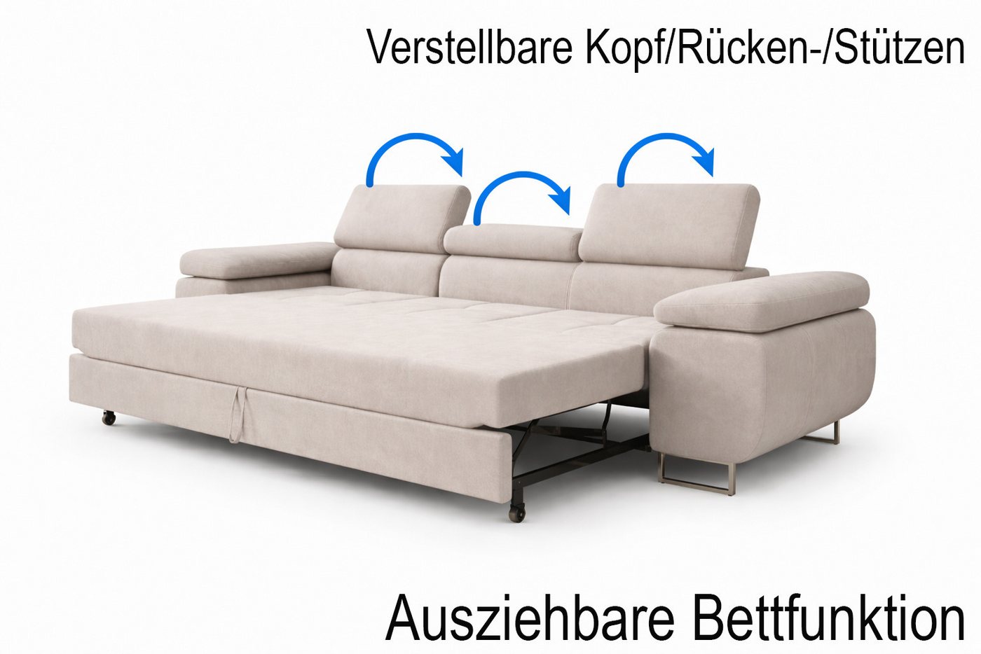 M-Punkt24 Polstergarnitur Sofa Wohnlandschaft DUBAI, (3-2-1, mit Bettfunktion, XL Sofa-Set, Bigsofa, Samt, Creme), Bestehend aus 3-Sitzer mit Bettfunktion, 2-Si – Bild 4 von 5