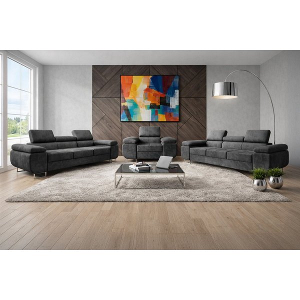 M-Punkt24 Polstergarnitur Sofa Wohnlandschaft DUBAI, (3-3-1, mit Bettfunktion, XL Sofa-Set, Bigsofa, Samt, Anthrazit, Grau), Bestehend aus 3-Sitzer mit Bettfunk