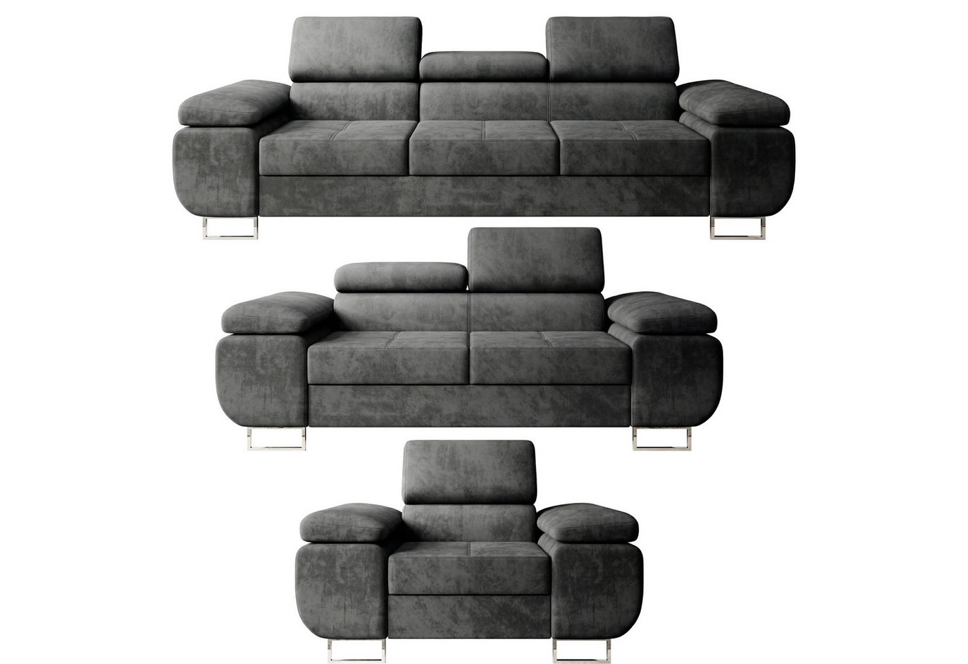 M-Punkt24 Polstergarnitur Sofa Wohnlandschaft DUBAI, (3-3-1, mit Bettfunktion, XL Sofa-Set, Bigsofa, Samt, Anthrazit, Grau), Bestehend aus 3-Sitzer mit Bettfunk – Bild 2 von 5