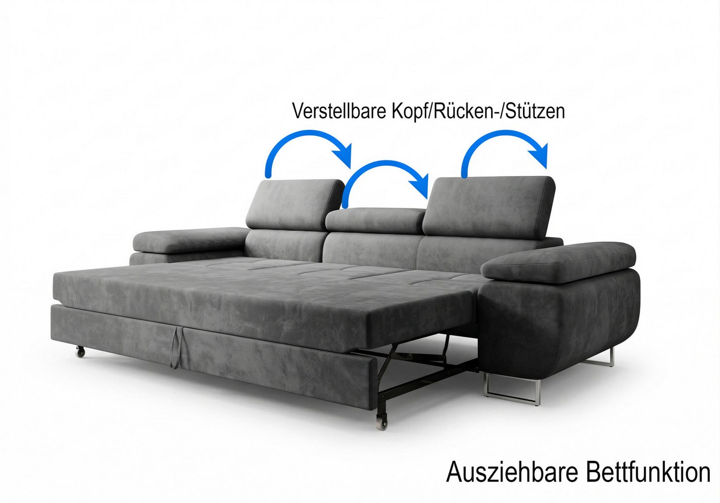 M-Punkt24 Polstergarnitur Sofa Wohnlandschaft DUBAI, (3-3-1, mit Bettfunktion, XL Sofa-Set, Bigsofa, Samt, Anthrazit, Grau), Bestehend aus 3-Sitzer mit Bettfunk – Bild 3 von 5