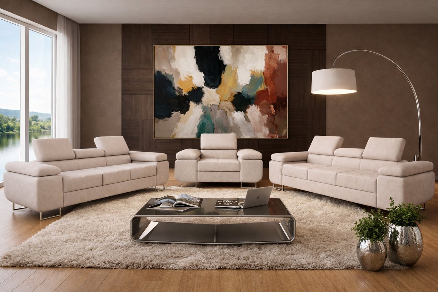 M-Punkt24 Polstergarnitur Sofa Wohnlandschaft DUBAI, (3-3-1, mit Bettfunktion, XL Sofa-Set, Bigsofa, Samt, Creme), Bestehend aus 3-Sitzer mit Bettfunktion, Sess – Bild 2 von 5