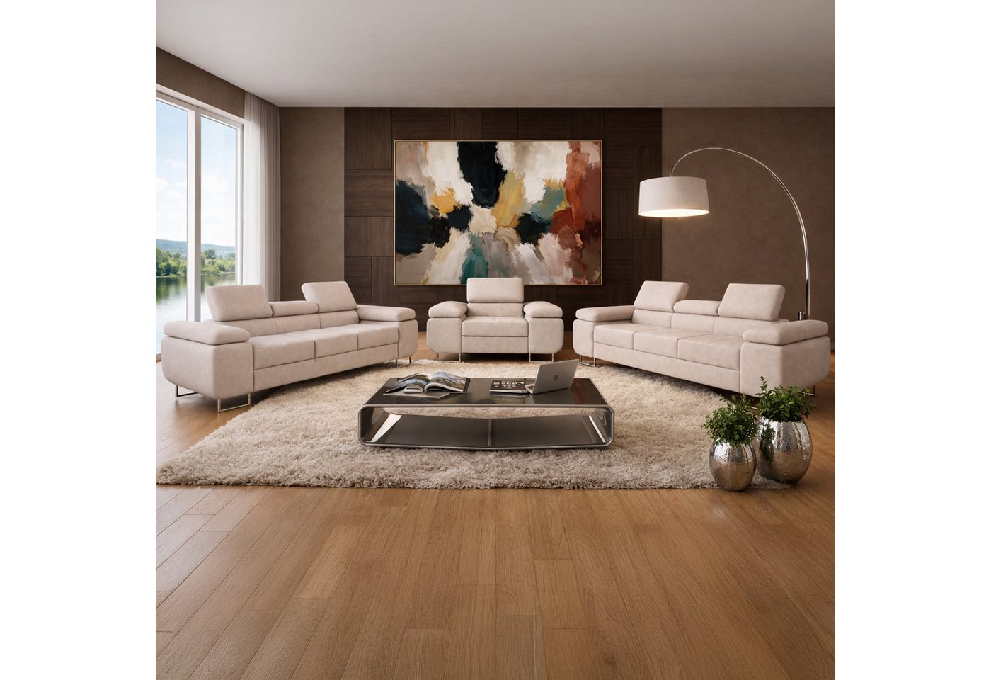 M-Punkt24 Polstergarnitur Sofa Wohnlandschaft DUBAI, (3-3-1, mit Bettfunktion, XL Sofa-Set, Bigsofa, Samt, Creme), Bestehend aus 3-Sitzer mit Bettfunktion, Sess – Bild 3 von 5
