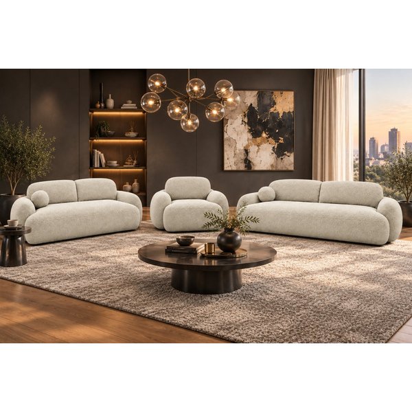 M-Punkt24 Sofa Sofa - Set VERONA 3-2-1 mit Bettfunktion BUBBLE SOFA, Set, Creme, mit Bettfunktion, BOUCLE, Edel, Luxus, Glamour, Hohe Qualität, Made in Europe, 