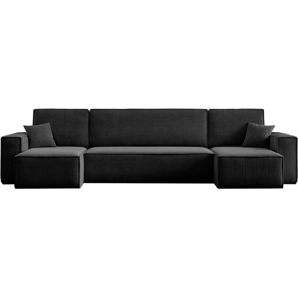 M-Punkt24 Wohnlandschaft COMO, Schwarz mit Bett Sofa Schlafsofa Ottomane, Cord Schwarz