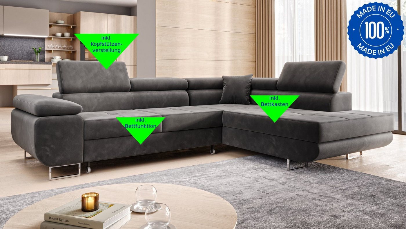 M-Punkt24 Wohnlandschaft MIAMI, Samtstoff Grau Anthrazit, Ottomane rechts oder links, mit Bettfunktion, mit Bettkasten, verstellbare Kopfstützen – Bild 2 von 5