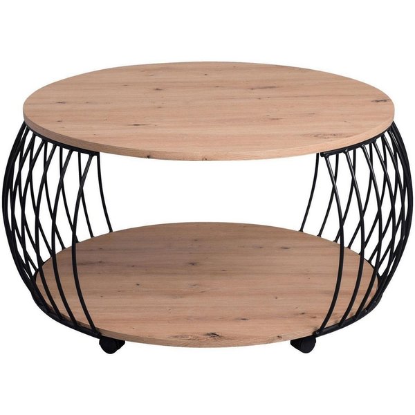 M2 Kollektion Couchtisch PEKING, Ø 80 cm, mit Rollen, mit Ablage, Artisan Eiche Dekor, Schwarz, Metallgestell