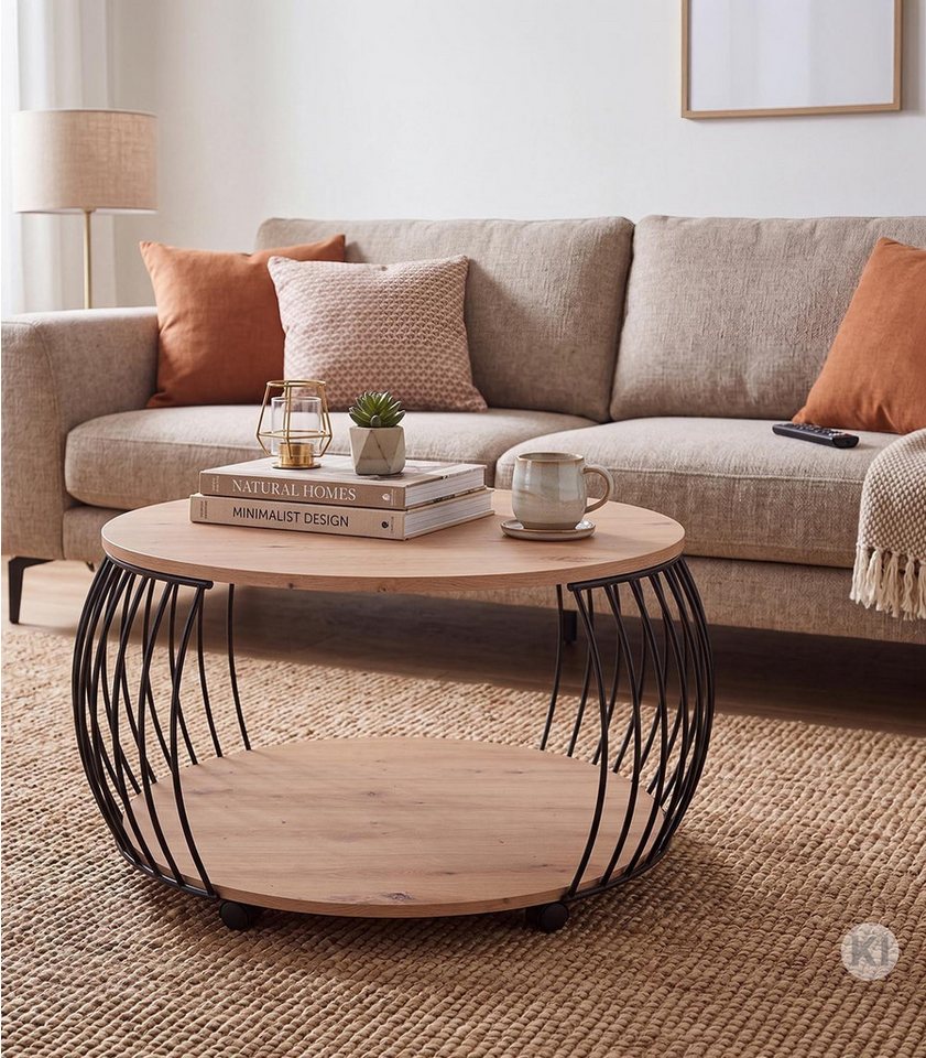 M2 Kollektion Couchtisch PEKING, Ø 80 cm, mit Rollen, mit Ablage, Artisan Eiche Dekor, Schwarz, Metallgestell – Bild 2 von 5