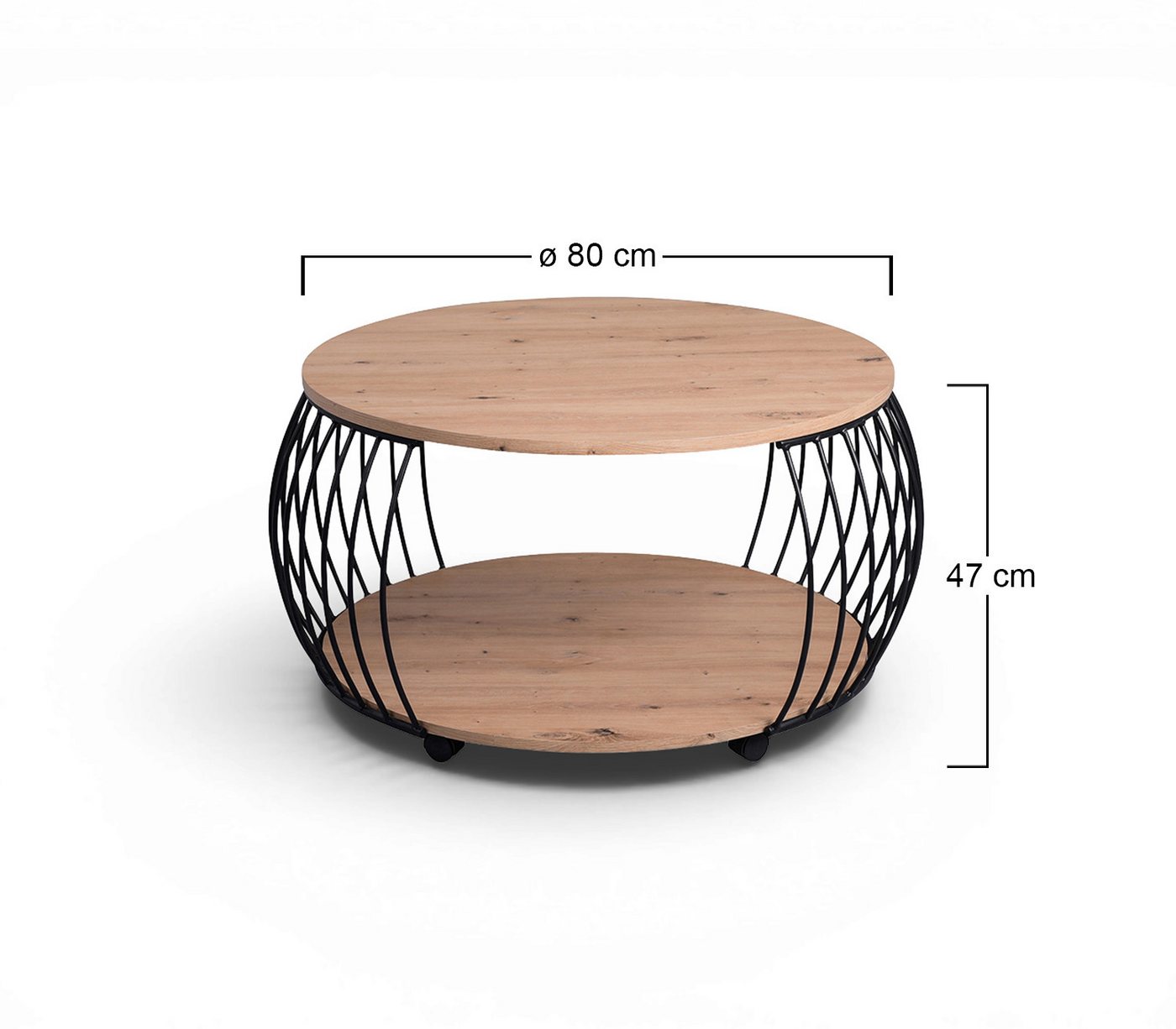 M2 Kollektion Couchtisch PEKING, Ø 80 cm, mit Rollen, mit Ablage, Artisan Eiche Dekor, Schwarz, Metallgestell – Bild 3 von 5