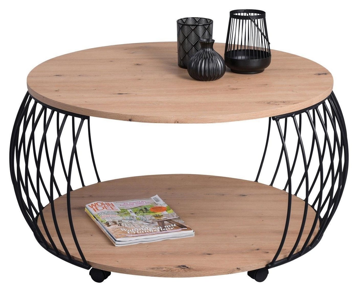 M2 Kollektion Couchtisch PEKING, Ø 80 cm, mit Rollen, mit Ablage, Artisan Eiche Dekor, Schwarz, Metallgestell – Bild 4 von 5