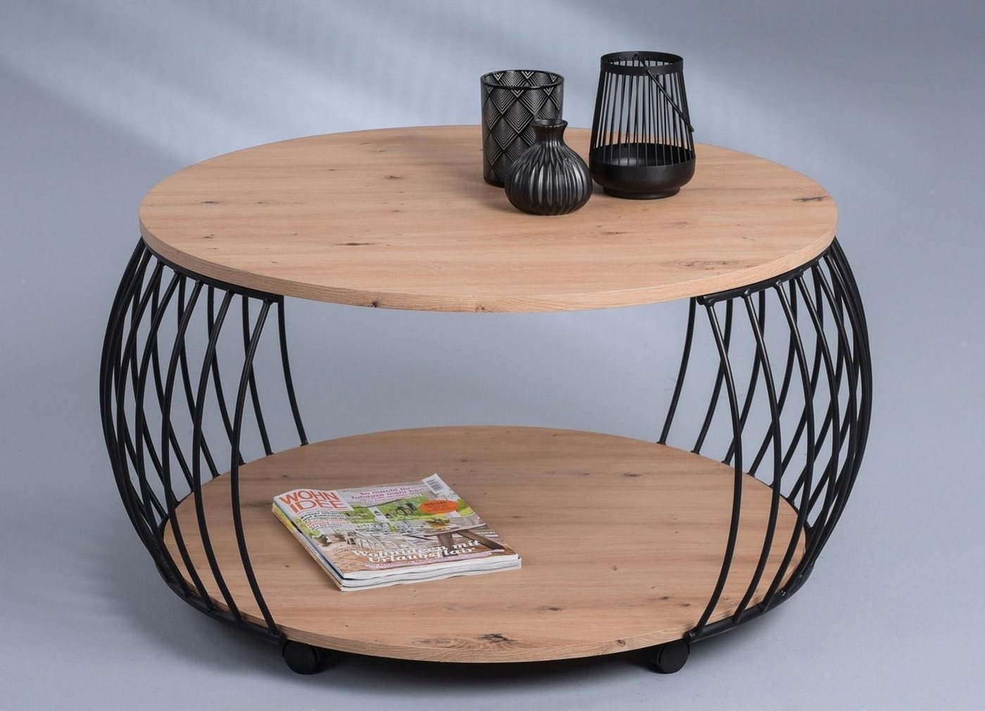 M2 Kollektion Couchtisch PEKING, Ø 80 cm, mit Rollen, mit Ablage, Artisan Eiche Dekor, Schwarz, Metallgestell – Bild 5 von 5